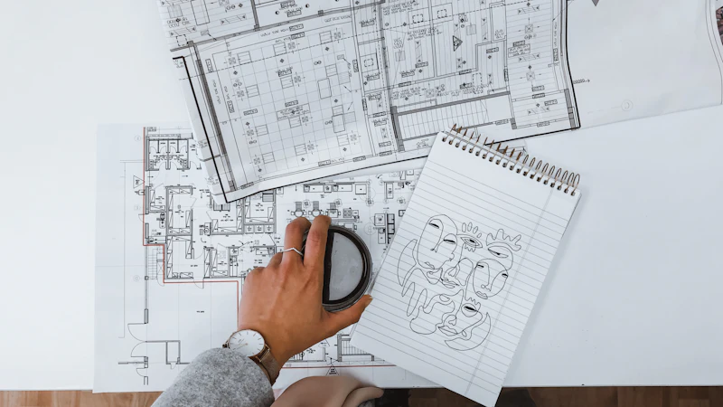 Architect reviewing blueprints and floor plans