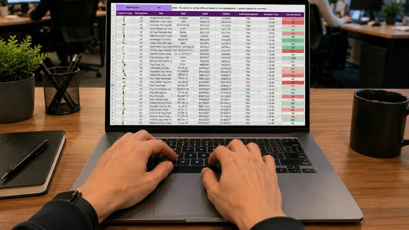 Hands typing on a laptop displaying an Excel spreadsheet