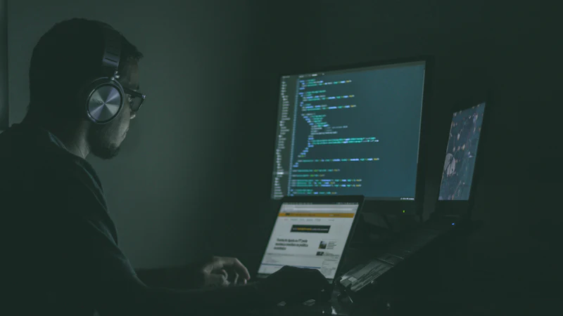 Hooded figure at computer screens representing a ransomware attacker