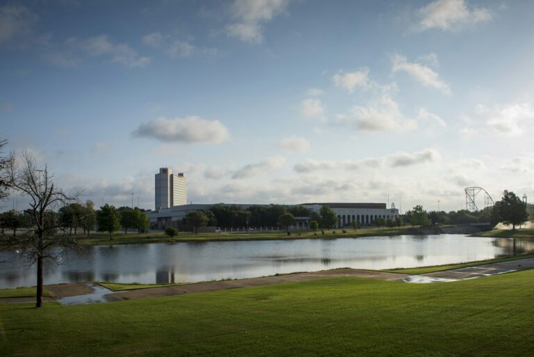 Pond and walking paths at Richard Greene Linear Park in Arlington, Texas