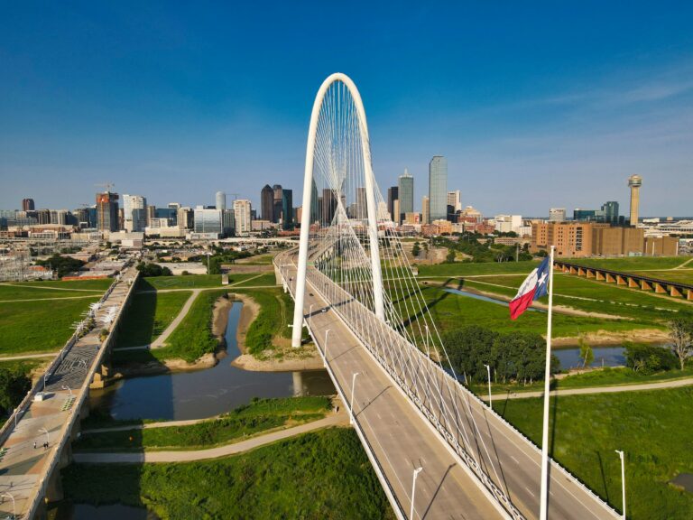 Margaret Hunt Hill Bridge over the Trinity River with the Dallas skyline