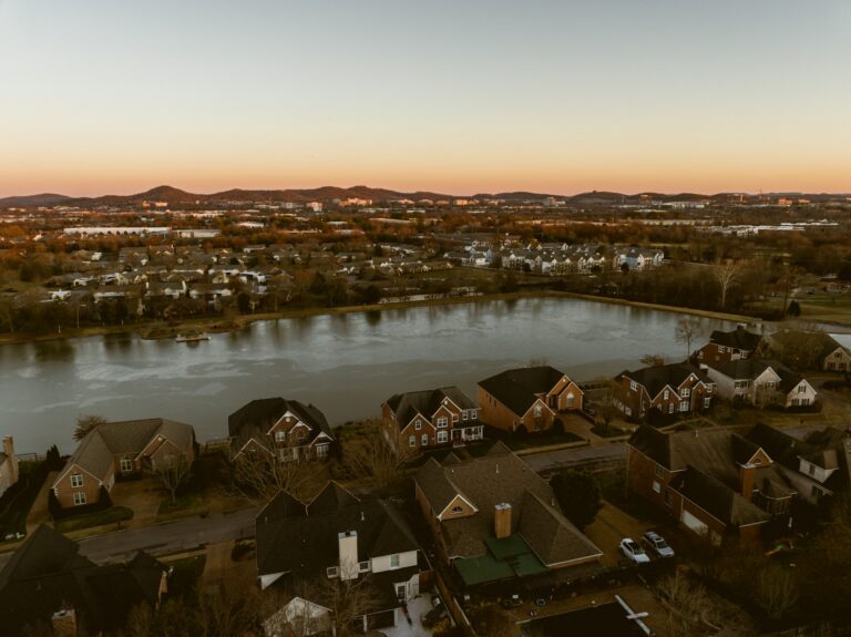 Aerial view of the Harpeth River and homes in Franklin, Tennessee
