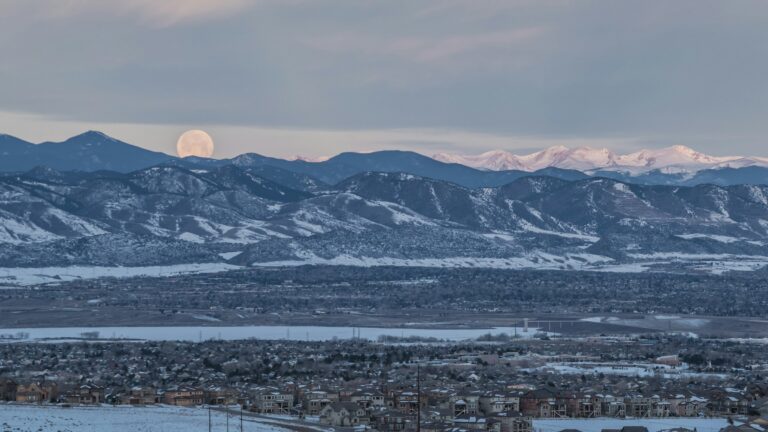 Snow covered Front Range mountains above Highlands Ranch, Colorado
