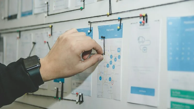 Person arranging sticky notes on a board to plan an IT roadmap